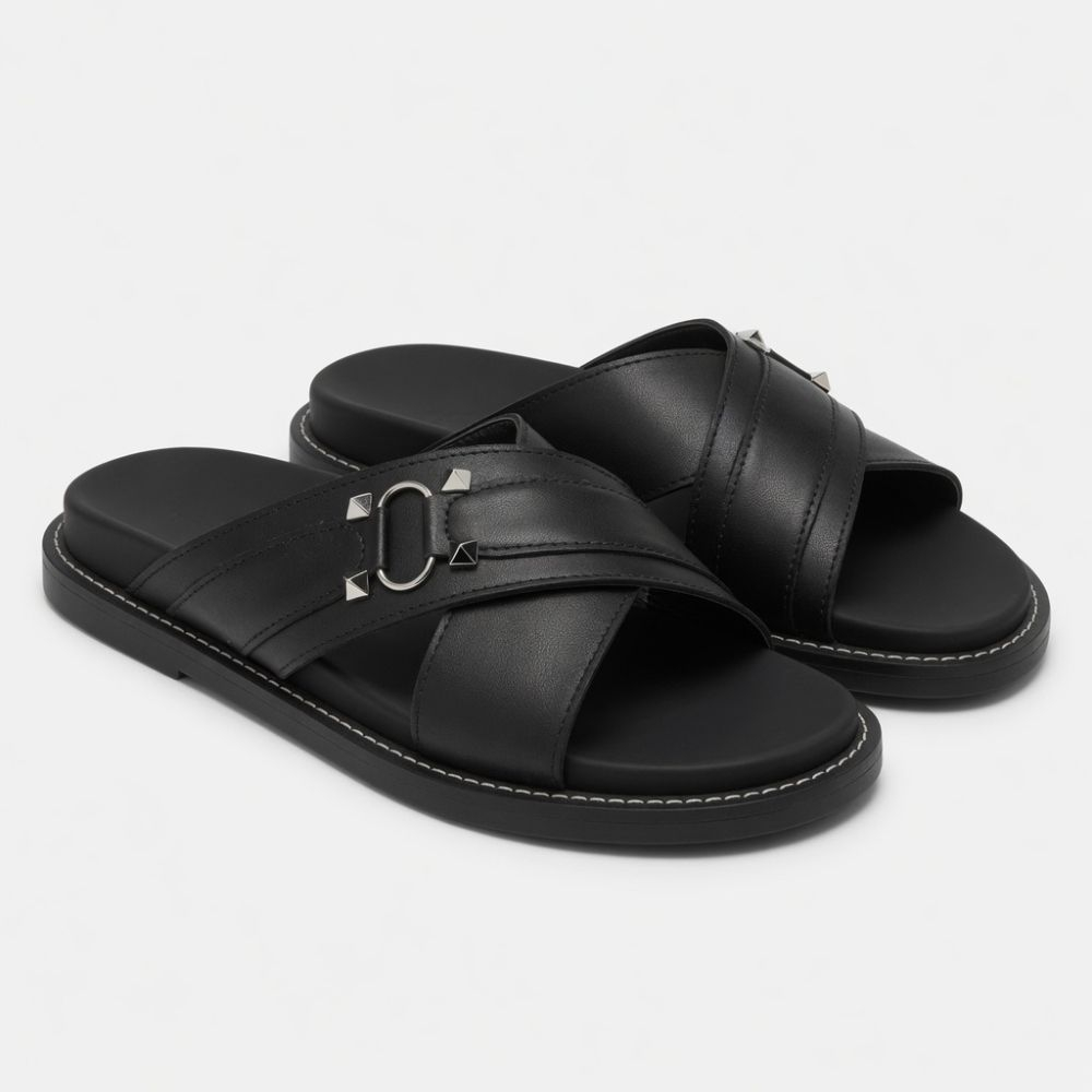 Classic Black Cross Strap Slide Sandals with Metal Ring Accent
